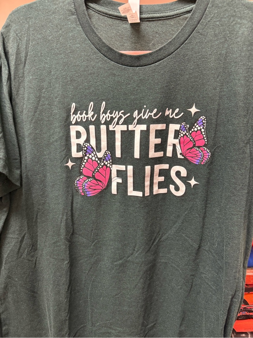 Bella Canvas Dark Green Tee with Pink & Purple Butterfly Graphic